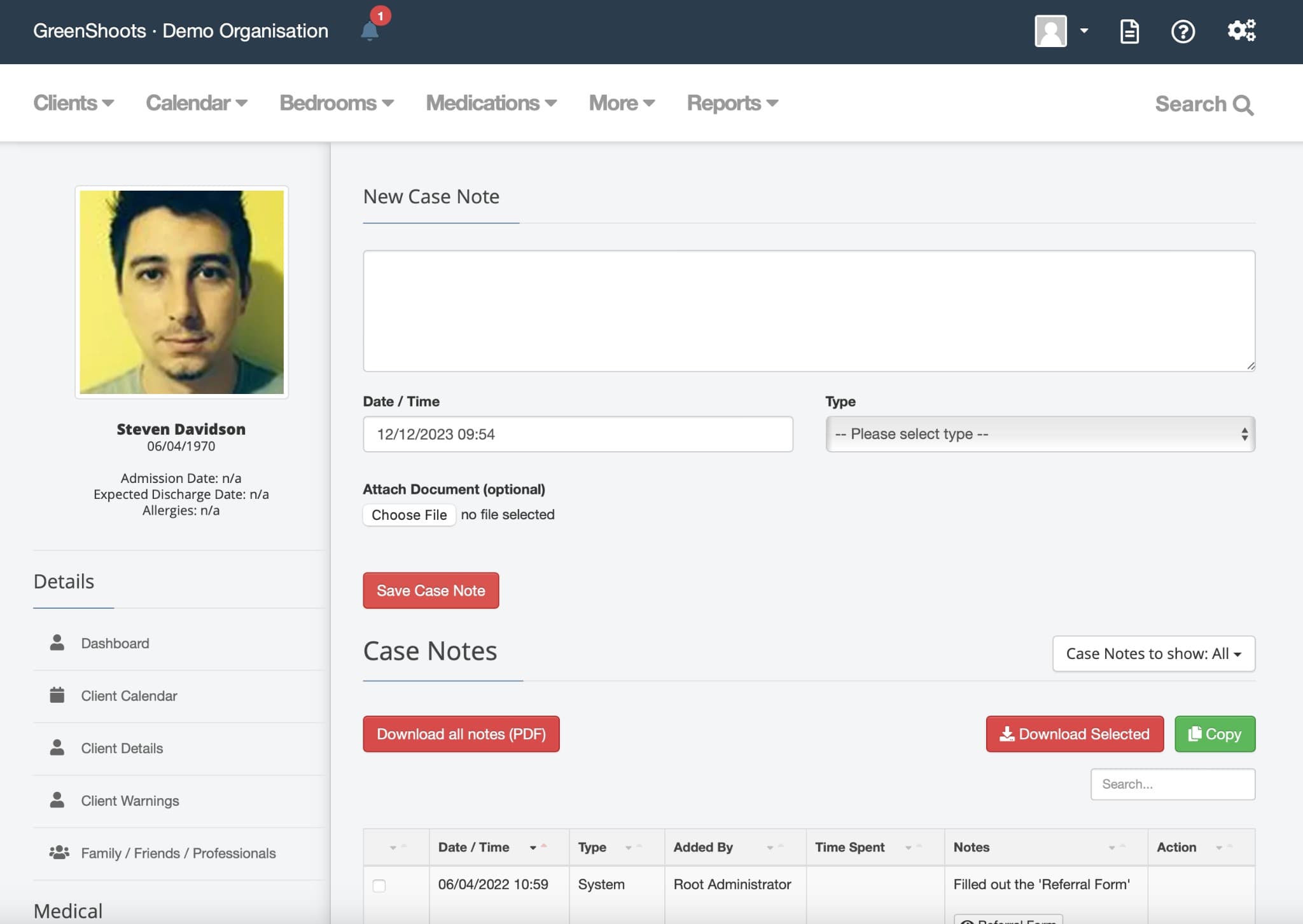 GreenShoots case notes interface showing client records, date/time logging, and document attachments