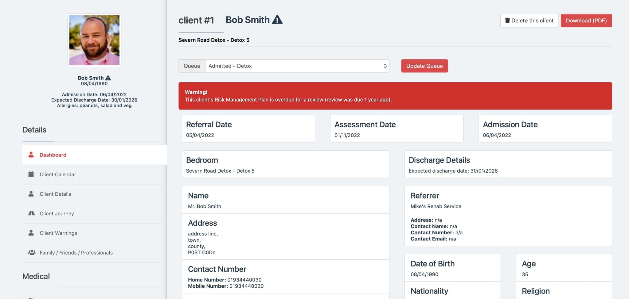 GreenShoots client dashboard showing referral dates, bedroom allocation, discharge details, and key client information at a glance