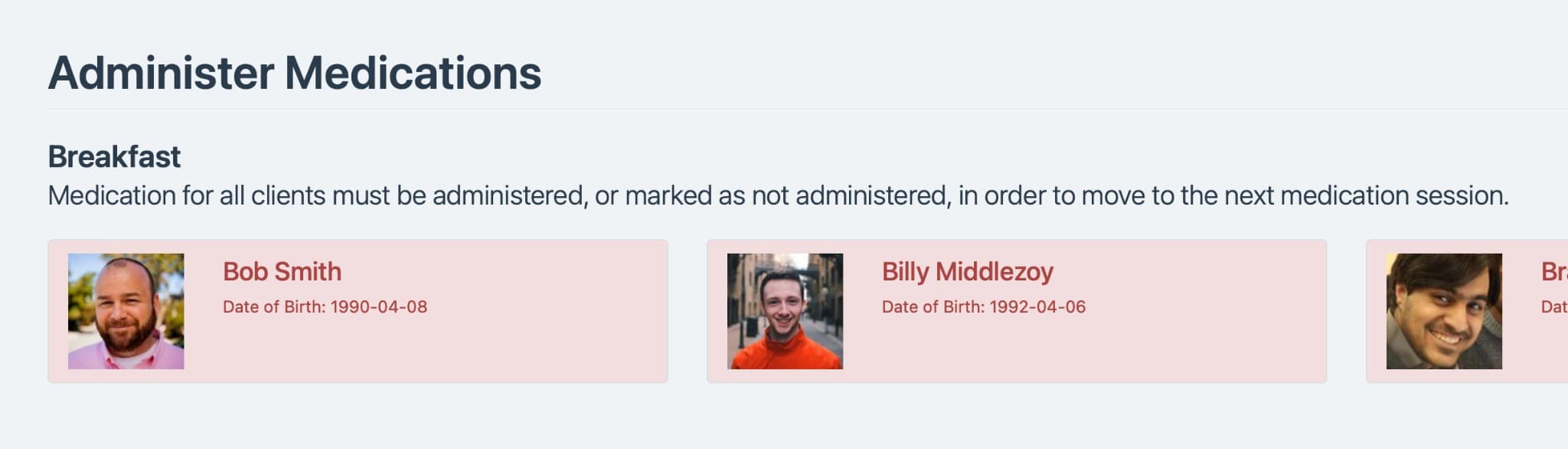 GreenShoots eMAR interface showing medication administration round with client photos and dosage tracking