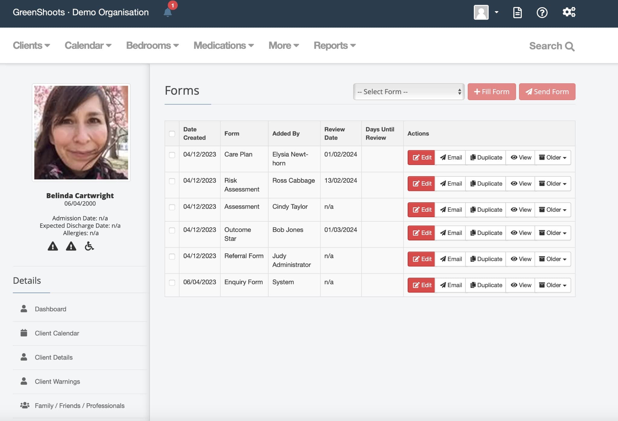 GreenShoots forms management showing care plans, risk assessments, and Outcome Star forms