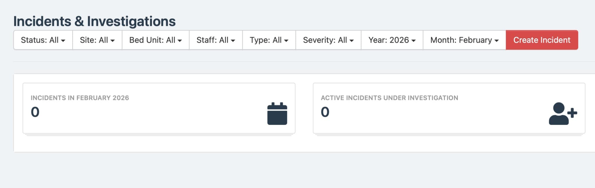 GreenShoots incidents and investigations tracker with filtering by status, site, type, and severity