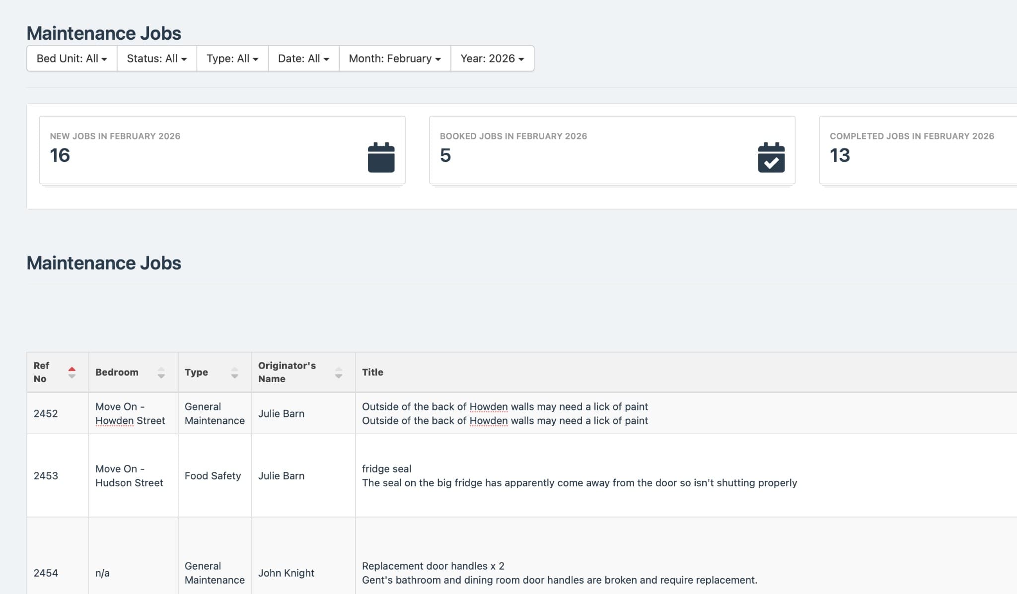 GreenShoots maintenance jobs dashboard showing new, booked, and completed repairs with filtering
