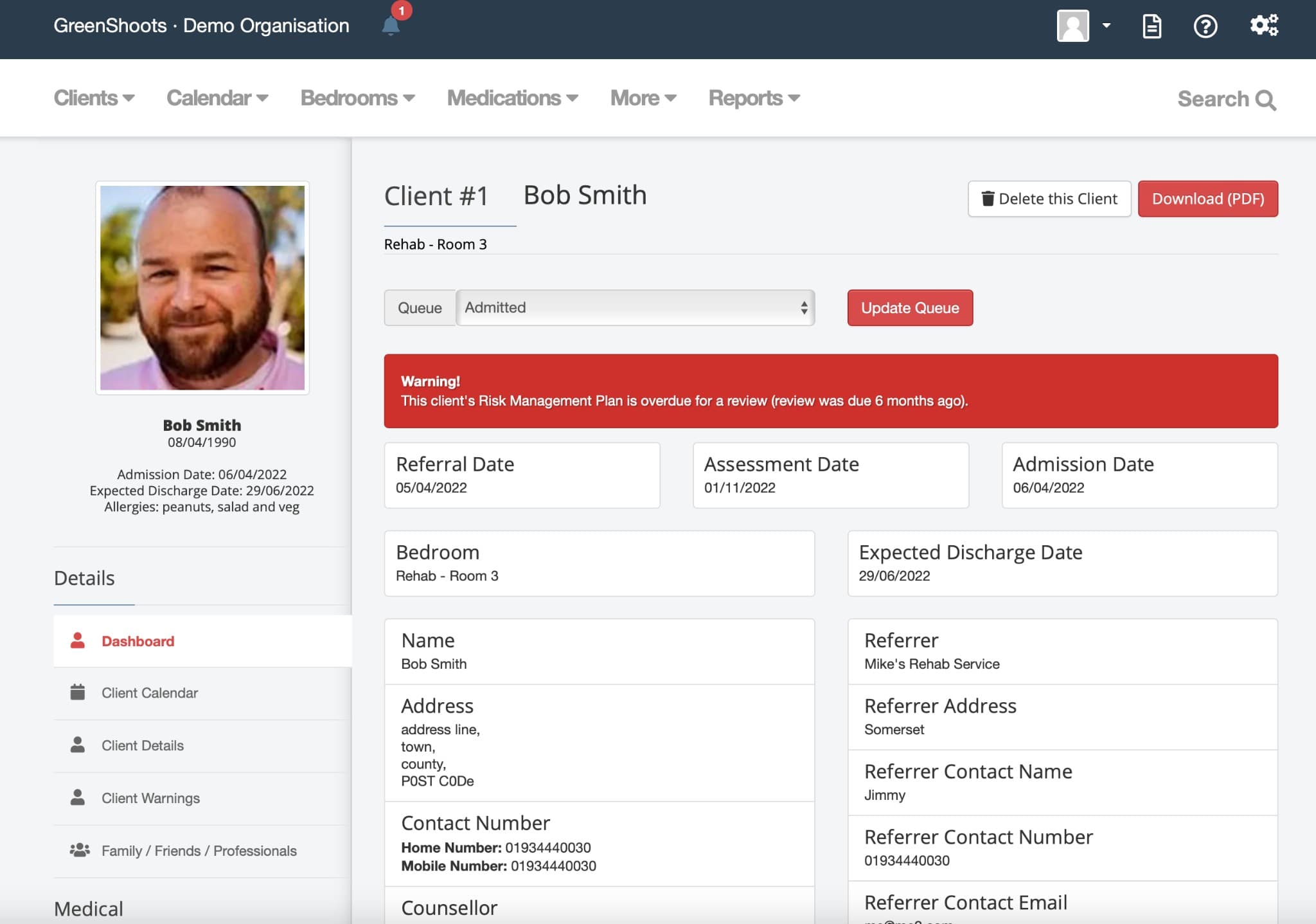 GreenShoots case management dashboard showing client records, referral dates, and key metrics
